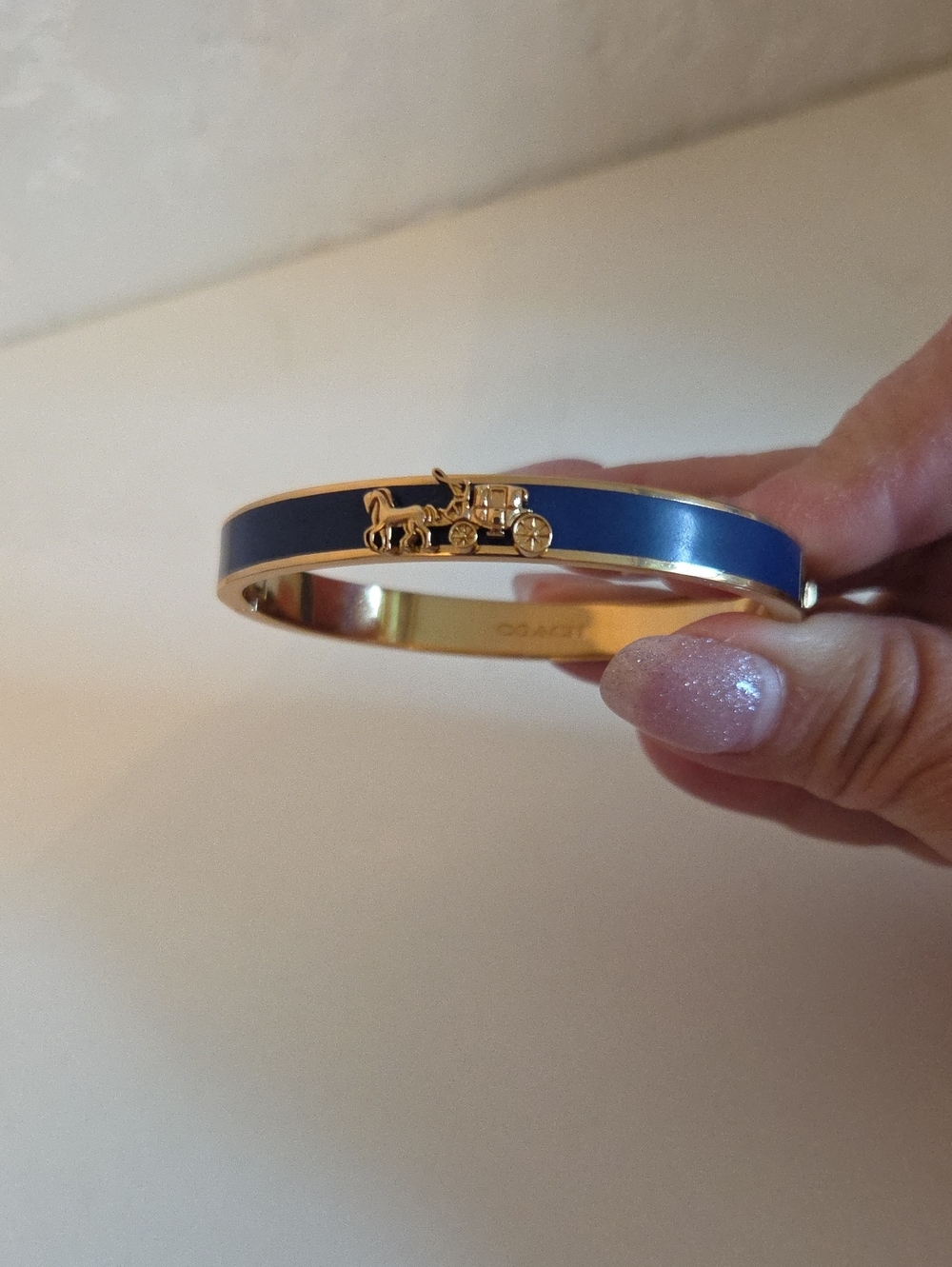 Coach Navy Blue Enamel Bangle with Gold Horse & Carriage